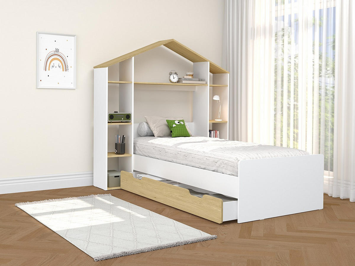 HAUSBETT - 1 Person - Holz, Platte - Naturfarben Hell, Weiß - - Naturfarben/Weiß, Holz (90/190cm) - Vente-Unique