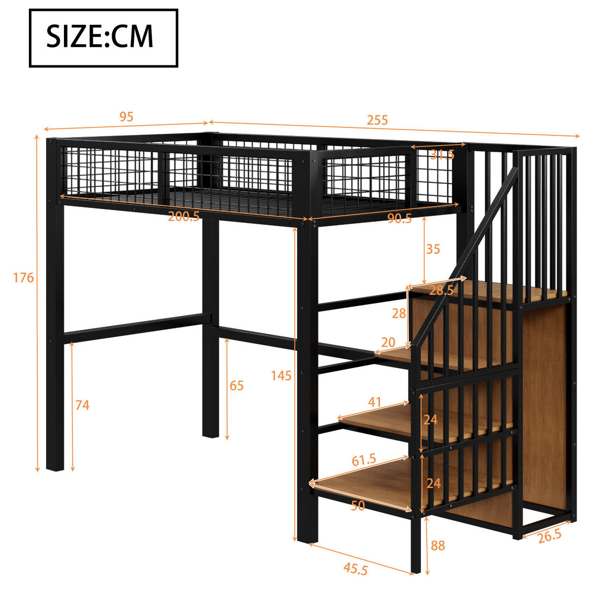 HOCHBETT 90/200 cm aus Metall mit Leiter und Kleiderschrank Schwarz - Schwarz, Metall (90/200cm) - Modenvie