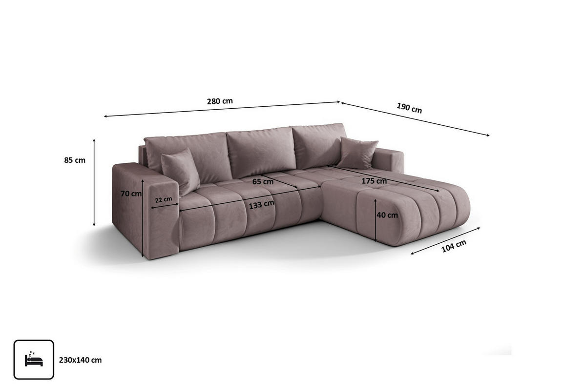 ECKSOFA mit schlaffunktion und bettkasten MILO PREMIUM, stoff MONOLITH, Lila, Rechts - Violett, Holz (280/190cm) - Kaiser Möbel