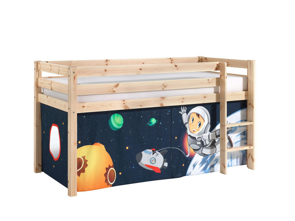KINDERBETT Karolina 210x114x106 Massivholz Natur Textilset Spaceman - Pastellblau/Kieferfarben, Holz (90/200cm) - 58aufmkessel