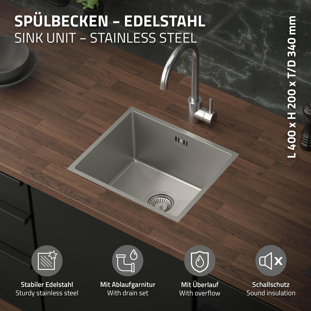 SPÜLBECKEN Edelstahl 34/40cm - Silberfarben, Metall (34/20/40cm) - ML-DESIGN