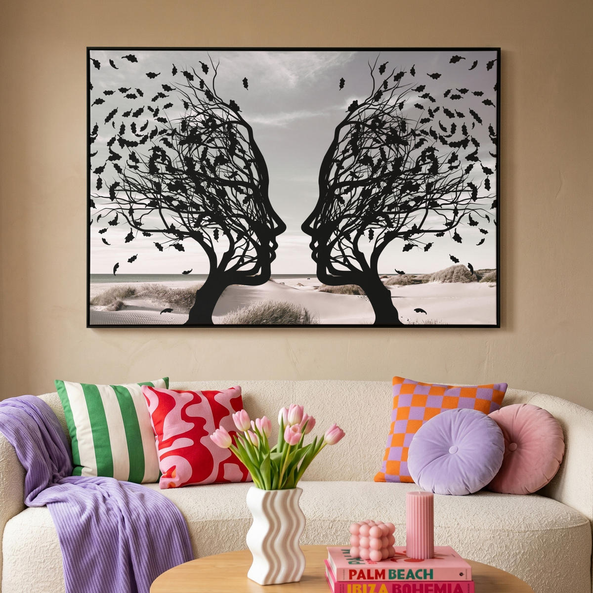 LEINWAND Bilder mit Rahmen - Strand - Meer - Menschen - Baum - Moderne Kunst - 150x100 - Hellgrau, Textil (150/100cm) - MuchoWow
