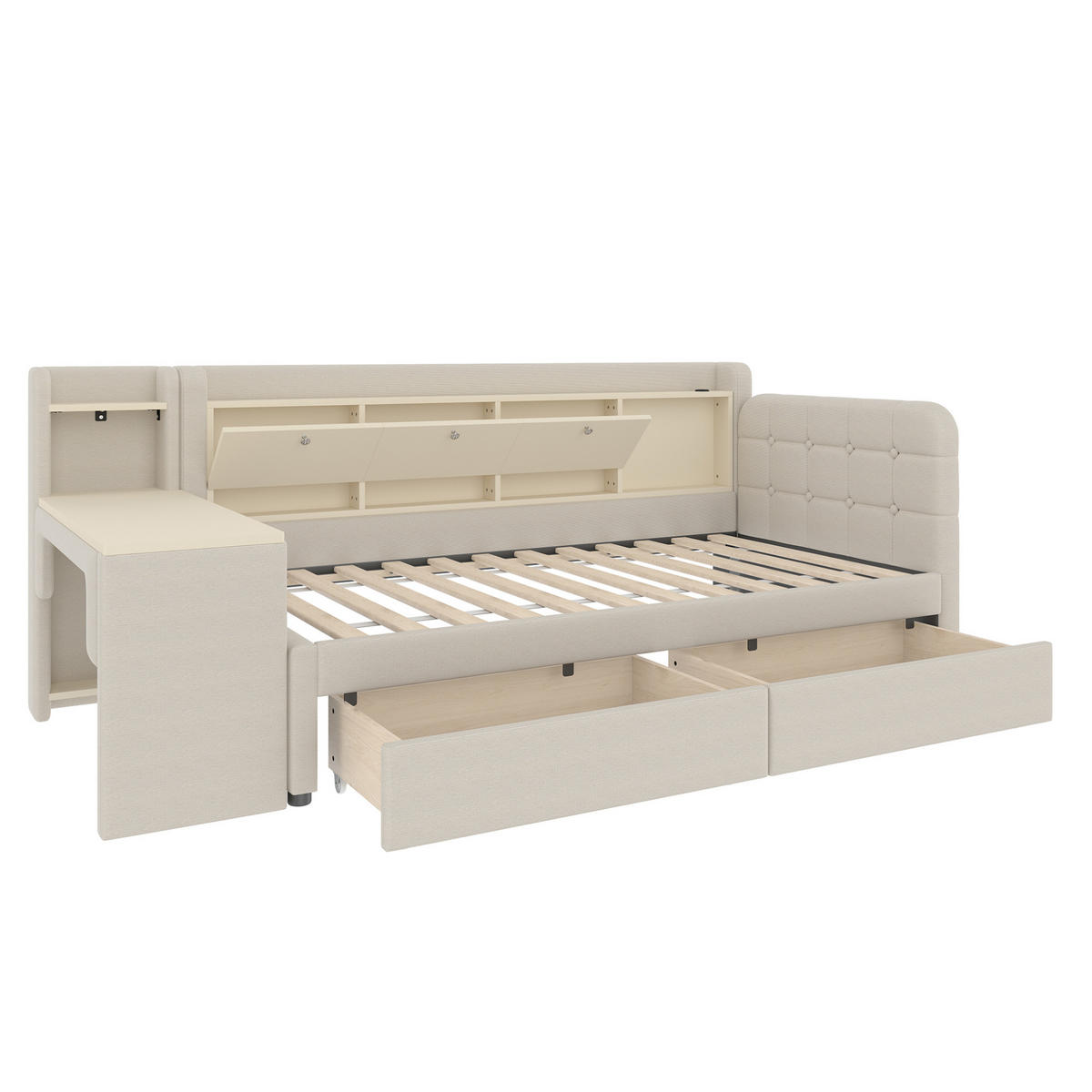 POLSTERBETT aus Leinen 90x200 cm in Beige mit Schreibtisch & 2 Schubladen - Beige, Textil (90/200cm) - Modfu