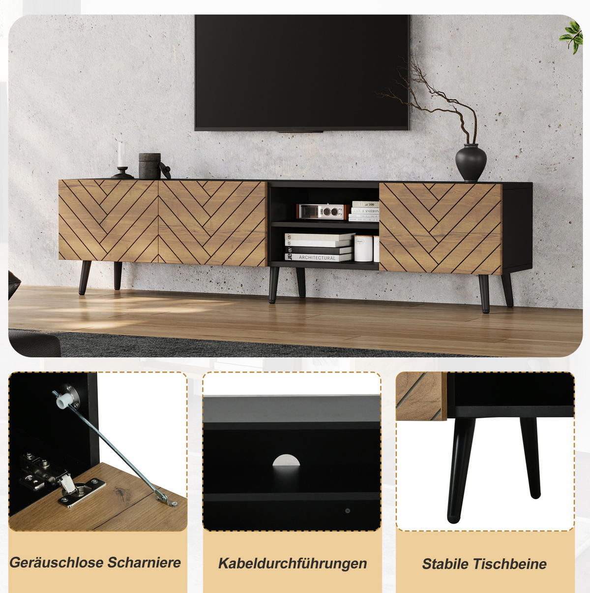 TV-LOWBOARD 180/33,5/45 cm naturfarben-schwarz aus Spanplatte mit Kabeldurchführung - Naturfarben, Holzwerkstoff (180/45/33.5cm) - OKWISH