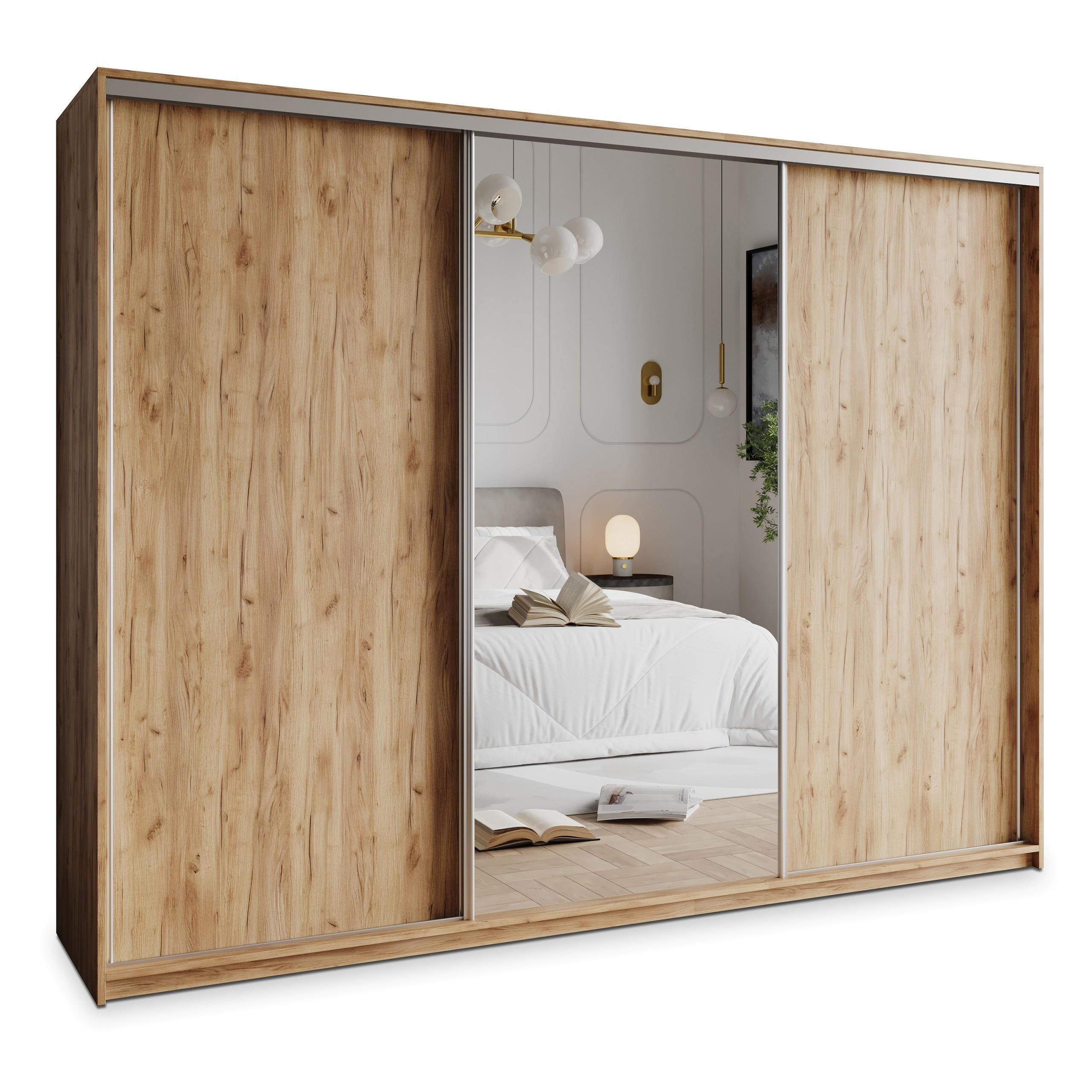 SCHWEBETÜRENSCHRANK TAVI 250/205/60 cm 3-türig mit Spiegel und Schubladen Craft Eiche Gold - Orange/Nickelfarben, Holzwerkstoff (250/205/60cm) - MASSENO