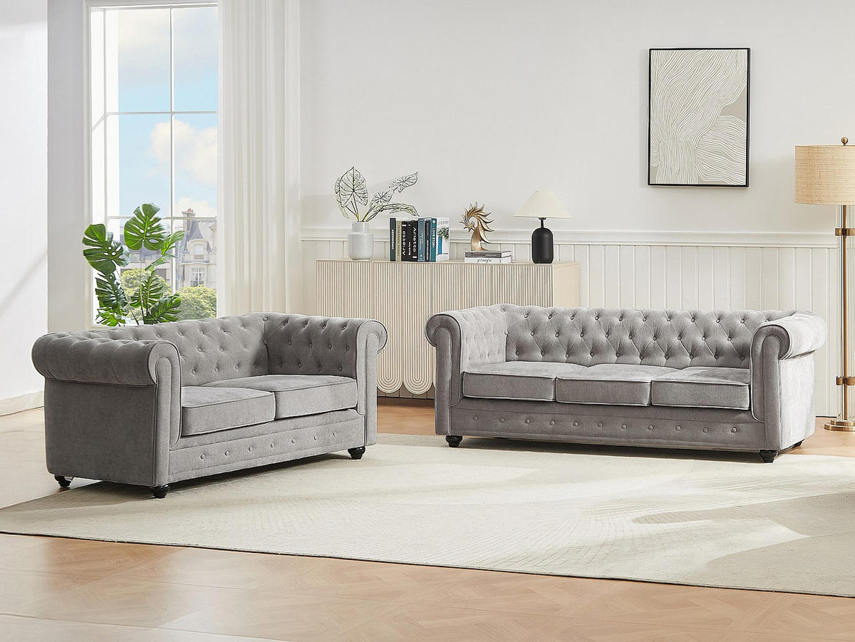 SOFA 3-Sitzer & 2-Sitzer - Stoff - Grau - CHESTERFIELD - Grau, Textil (205/72/88cm) - Vente-Unique