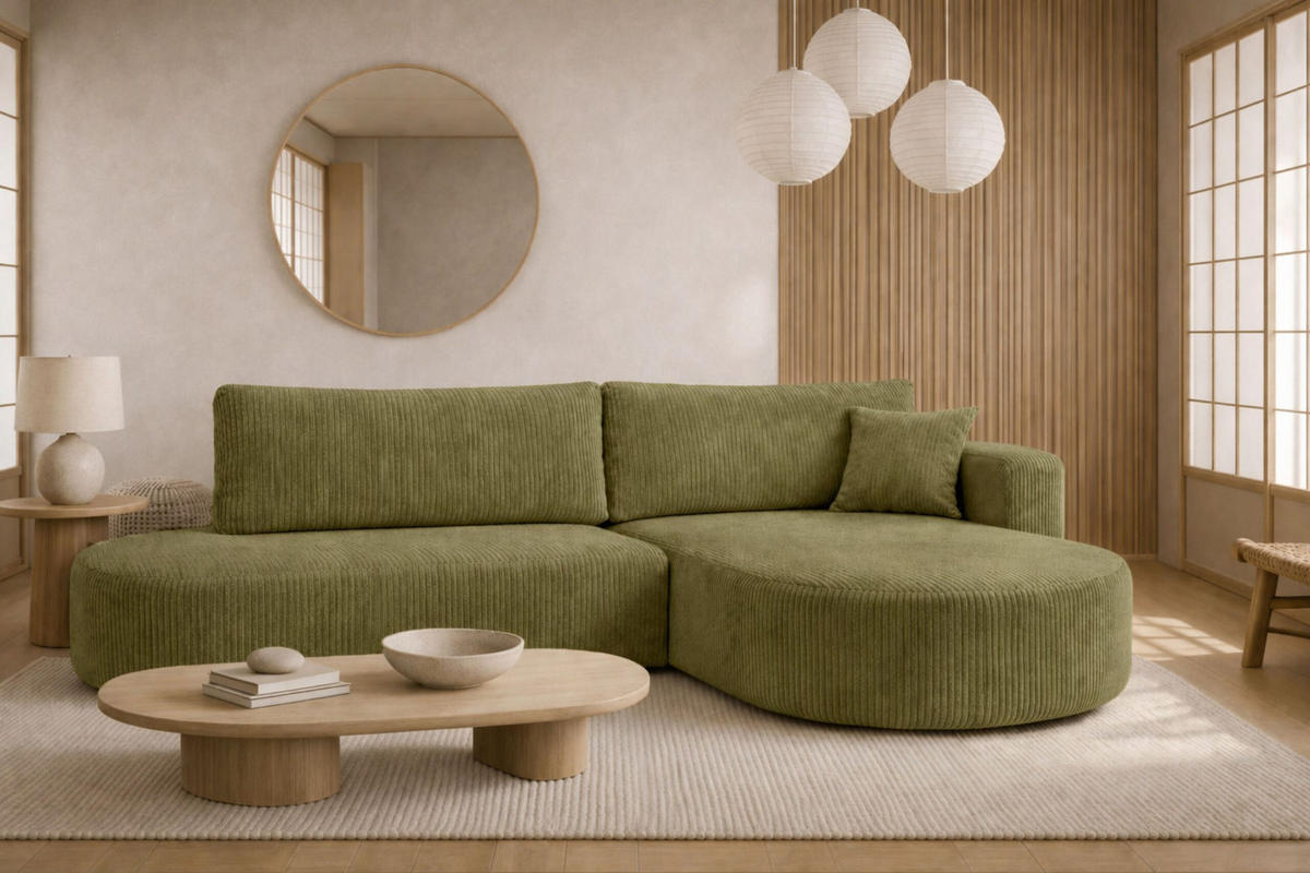 ECKSOFA Mit Schlaffunktion Und Bettkasten, Cordstoff Poso, Olive, Rechts, ROUND ONE OPEN XL - Olivgrün, Holz (262/175cm) - Kaiser Möbel