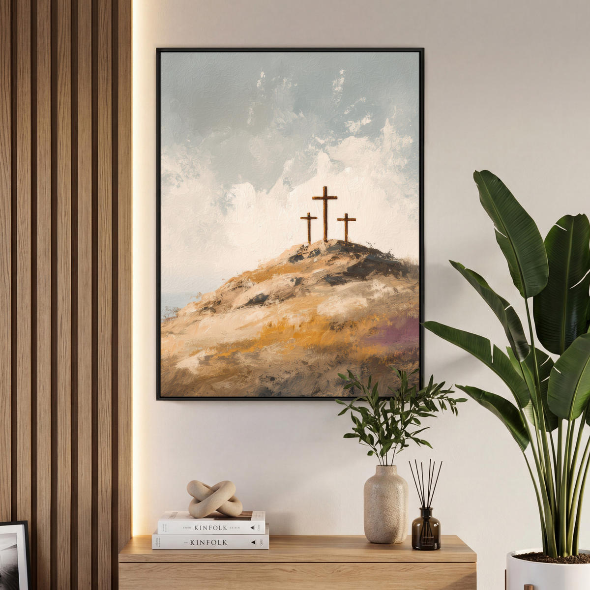 LEINWAND Bilder mit Rahmen - Hügel - Abstrakt - Christentum - Kreuz - 70x100 - Hellgrau, Textil (70/100cm) - MuchoWow