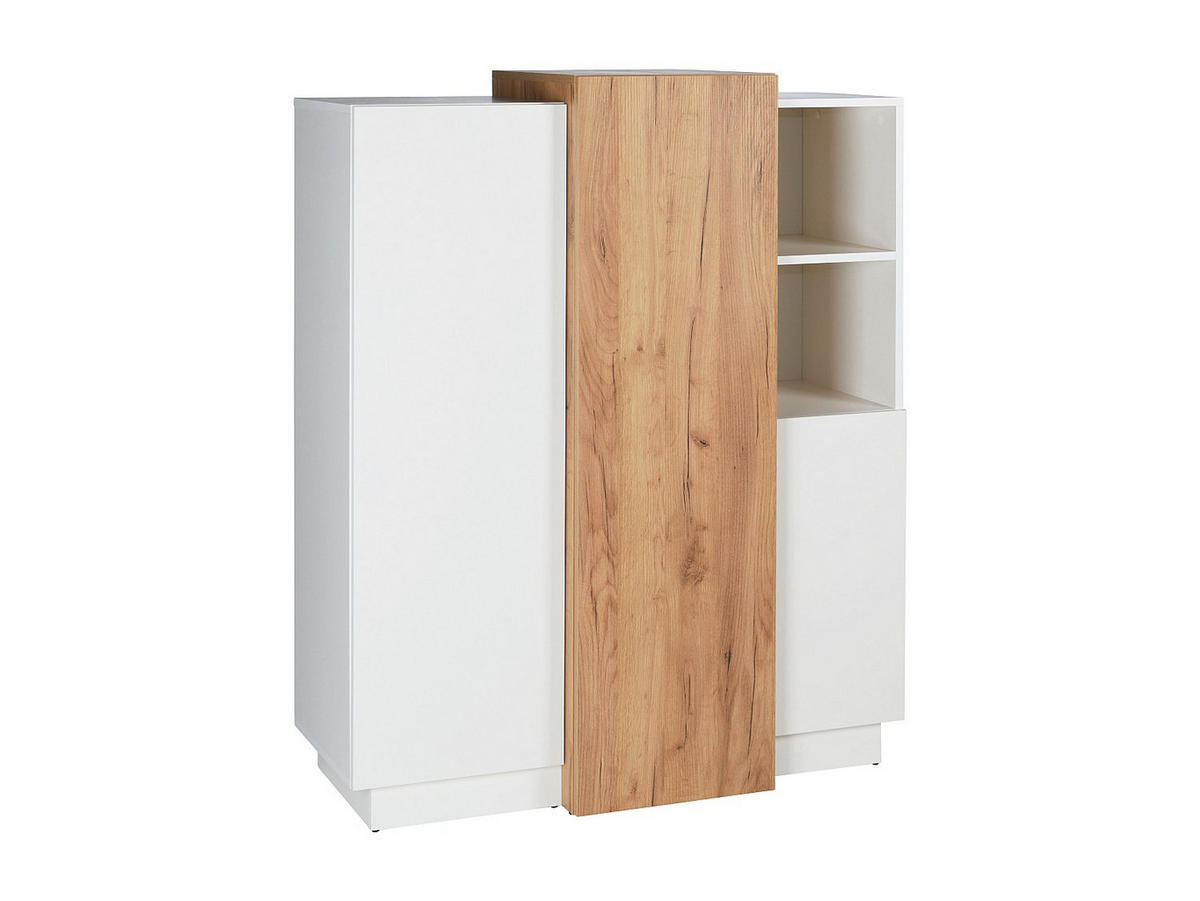 HIGHBOARD mit 3 Türen - Weiß & Eichefarben - FRANCOLI - Weiß, Holz (110/133.5/45.4cm) - Vente-Unique