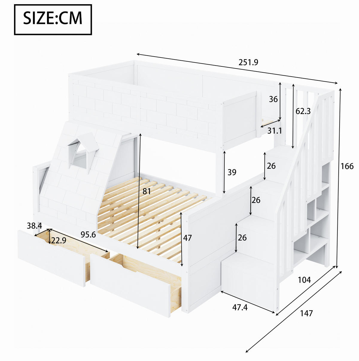 ETAGENBETT 90/200 & 140/200 cm in Weiß mit Treppe und Schubladen - Weiß, Holz (90/200cm) - Flora Grace