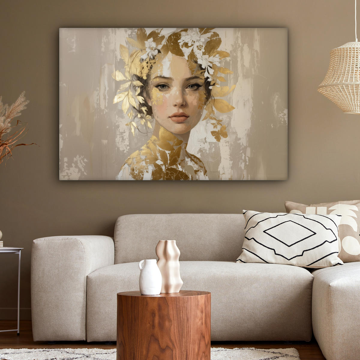 LEINWANDBILD Gesicht - Frau - Blätter - Gold Wohnzimmer Groß 120x80 cm - Beige, Textil (120/80cm) - MuchoWow