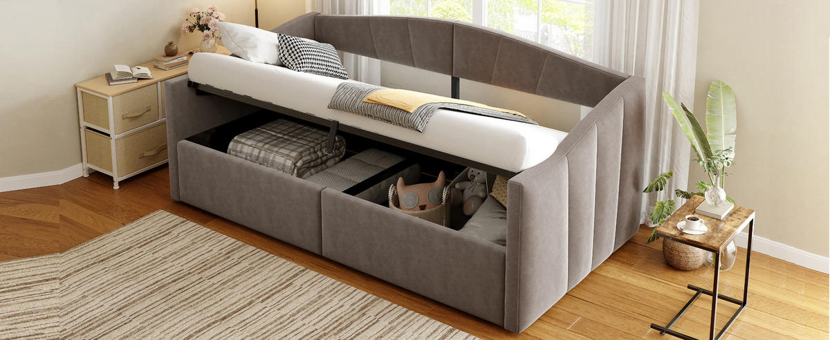 POLSTERBETT 90x200 cm Stauraum Samt grau - Grau, Textil (90/200cm) - LEBENLANG
