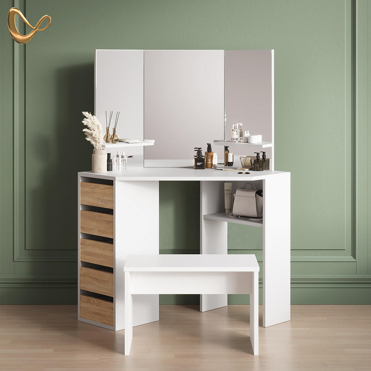 ECKSCHMINKTISCH Enna Weiß/Sonoma 110 cm mit Bank - Weiß/Sonoma Eiche, Holzwerkstoff (110/141.5/54cm) - Livinity®