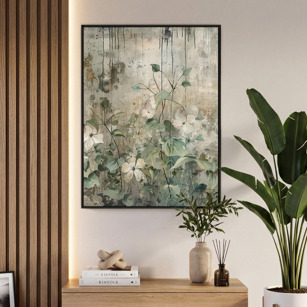 LEINWAND Bilder mit Rahmen - Blumen - Blätter - Abstrakt - Modern - 70x100 - Grau, Textil (70/100cm) - MuchoWow