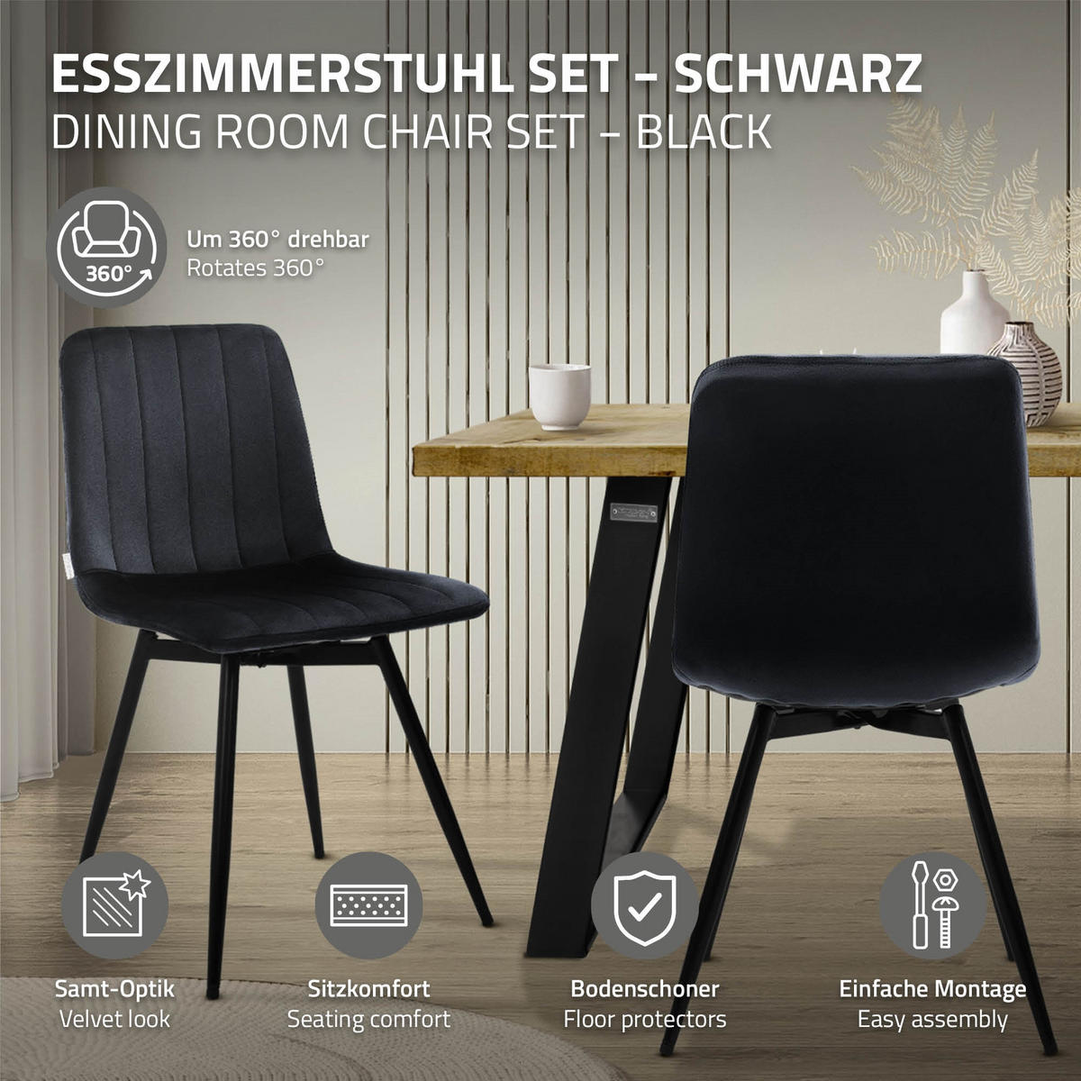 ESSZIMMERSTÜHLE 2er Set drehbar Küchenstühle gepolstert aus Samt Schwarz - Schwarz, Textil/Metall (43/81/52cm) - ML-DESIGN