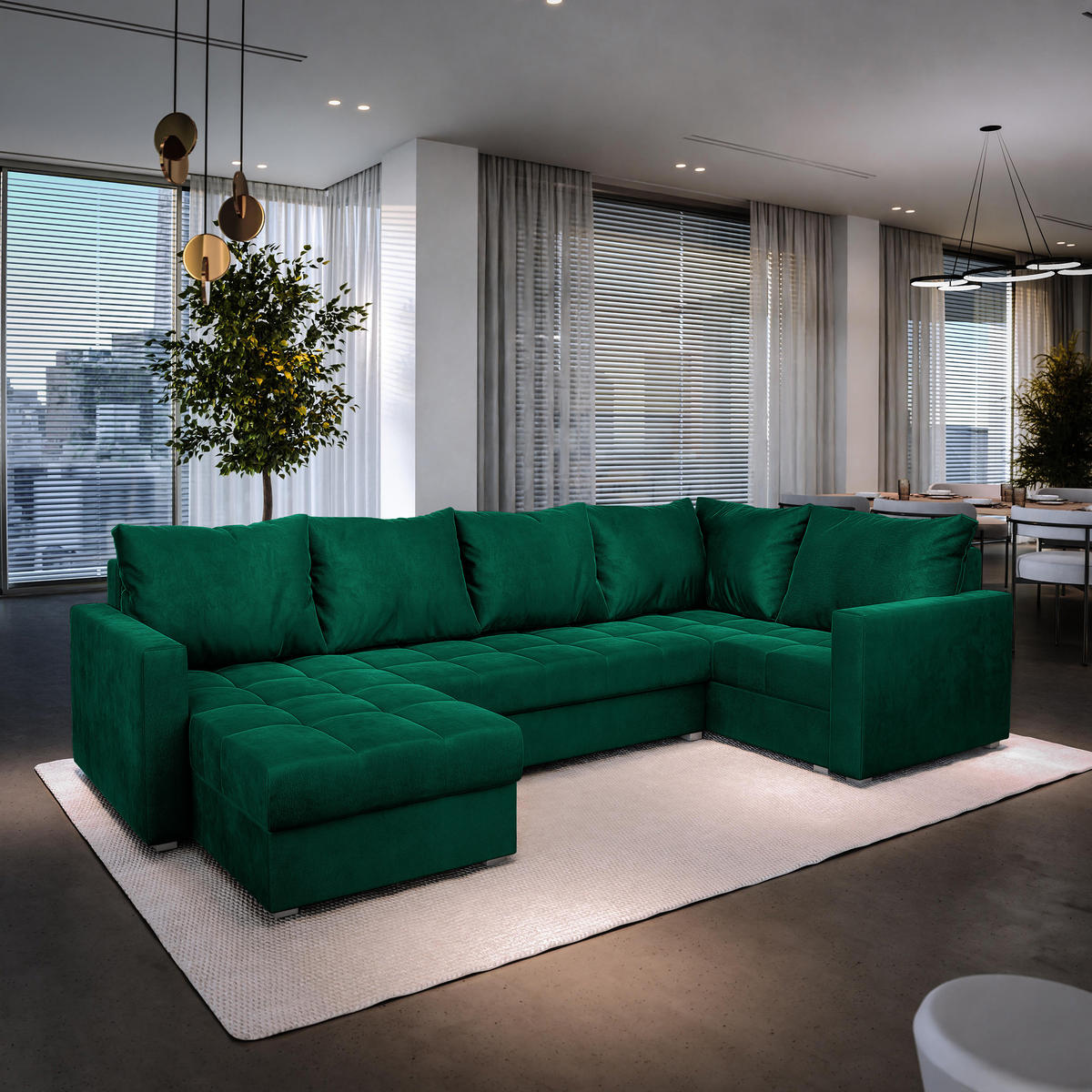 WOHNLANDSCHAFT LORIVO R-S Grün Plüsch-Stoff mit Schlaffunktion - Grün, Holz (285/85/150cm) - MASSENO