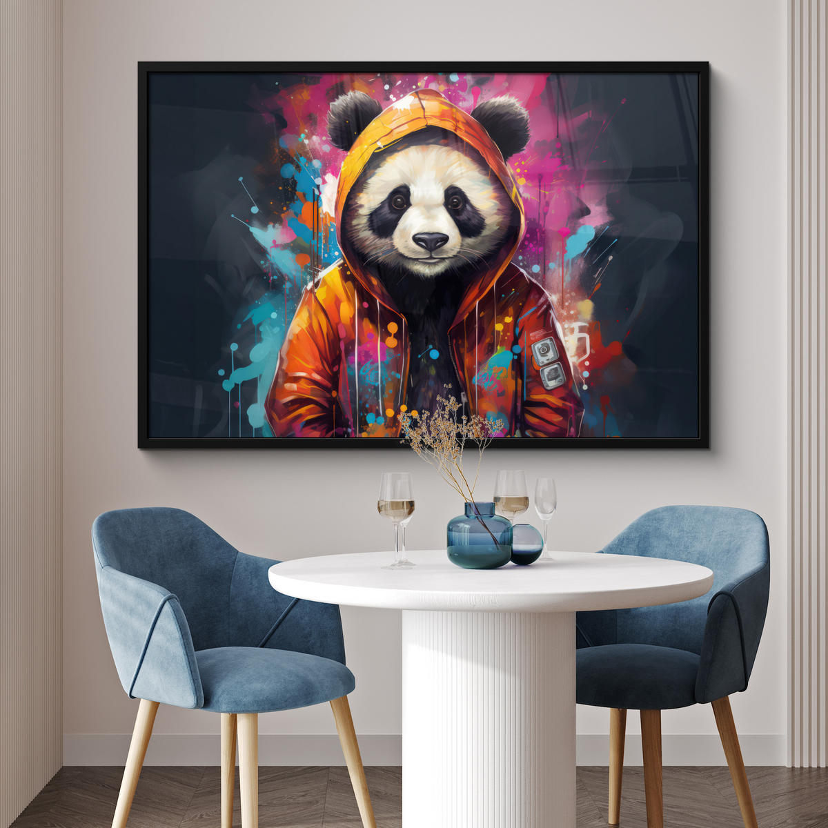 POSTER MIT RAHMEN Panda - Jacke - Graffiti - Orange 120x80 cm - Orange, Papier (120/80cm) - MuchoWow