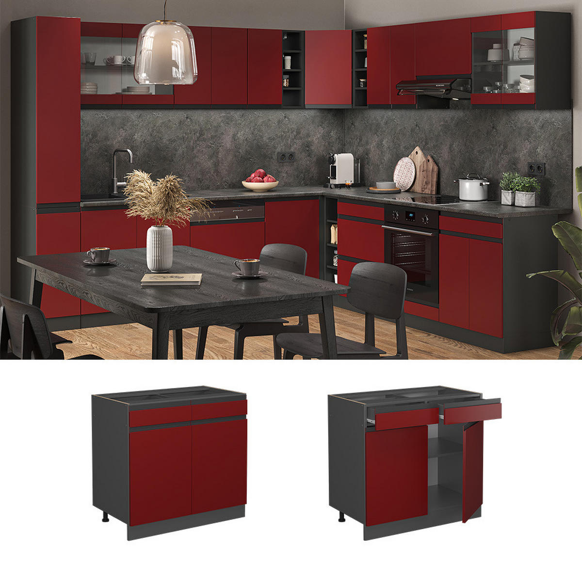 KÜCHENUNTERSCHRANK R-Line Rot 80 cm, AP Eiche - Anthrazit/Rot, Holzwerkstoff (80/81.6/60cm) - Vicco