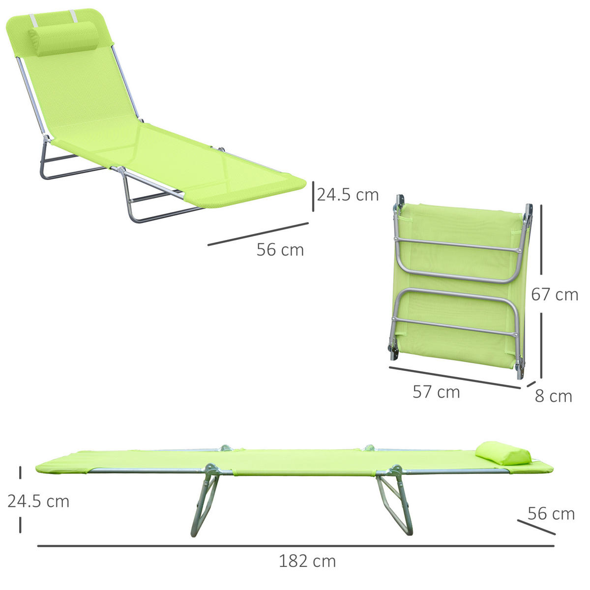ZAHRADNÍ lehátko ze oceli 182x56x24,5 cm zelené s nastavitelnou zádovou opěrkou, skládací a lehké - zelená barva, kov (56/24.5/182cm) - Modfu