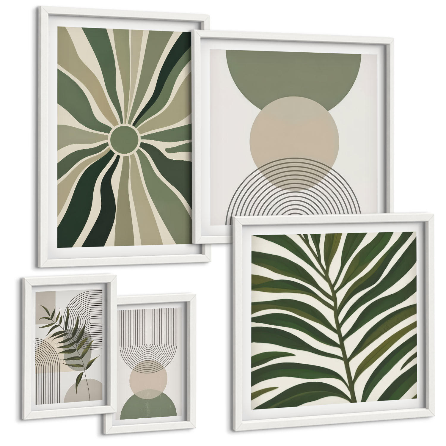 BILDER SET 5er Set - 50x50 cm & 20x30 cm & 40x60 cm Weißer Rahmen - Abstrakte Blätter im Boho-Stil - Weiß, Kunststoff (40/60cm) - TULUP