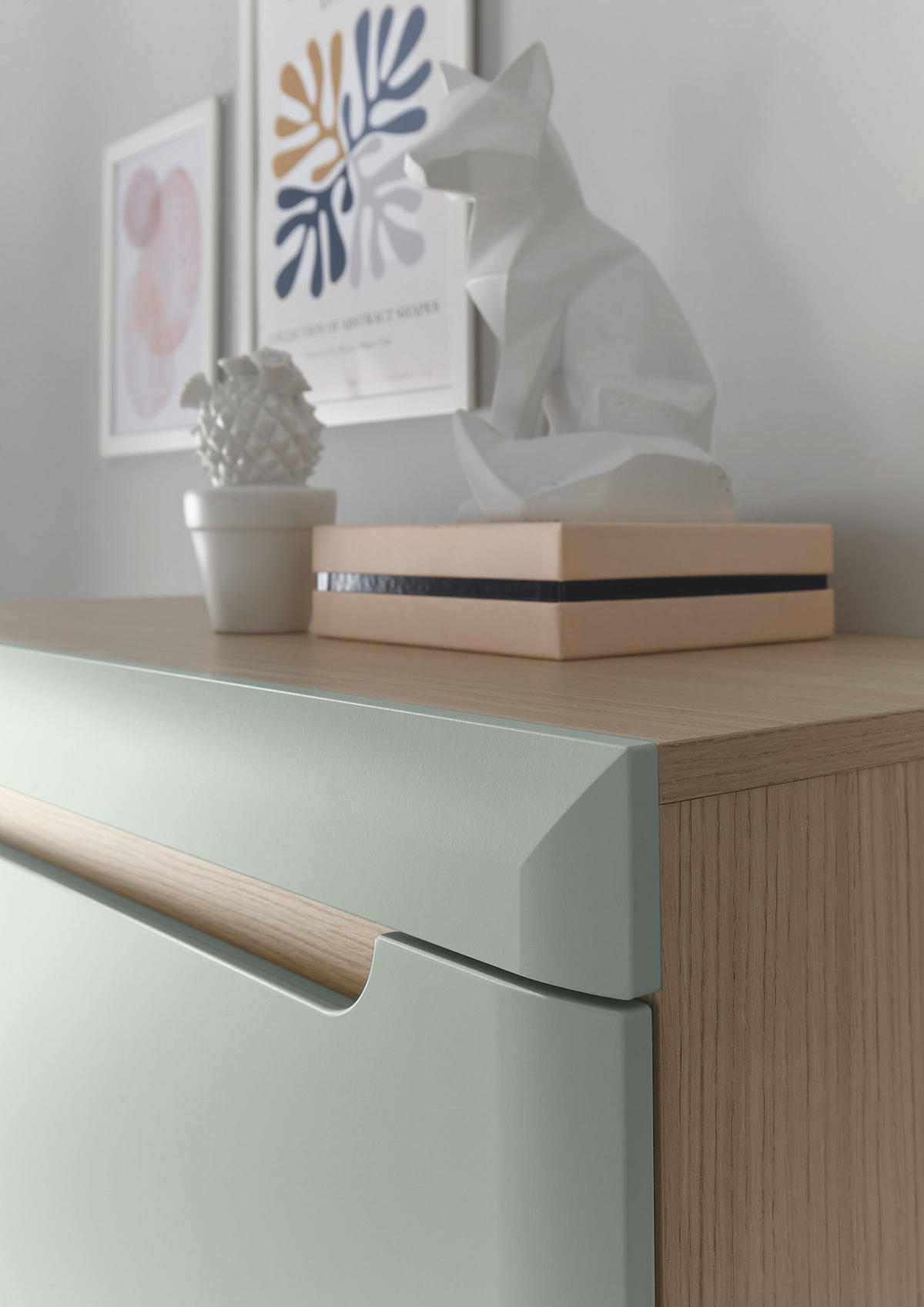 WOHNWAND 3-teilig pistazie grün, Eiche, skandinavisch 270 cm, Schrankwand mit Soft-Close-Funktion - Eichefarben/Pastellgrün, Glas/Eichenholz (270/170/40cm) - Furn.Design