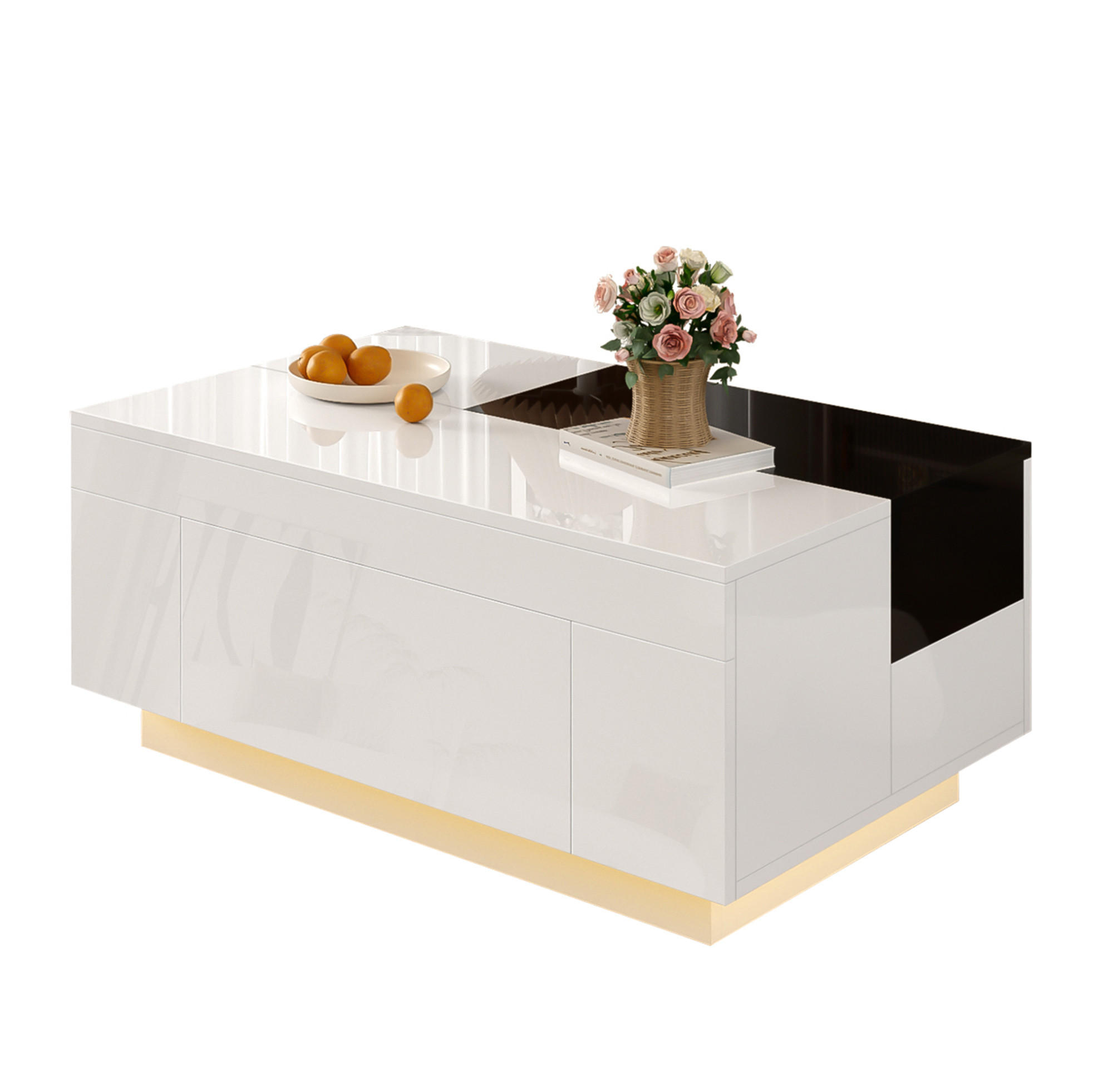 COUCHTISCH 80/50 cm in Schwarz/Weiß mit LED-Beleuchtung und ausziehbarer Tischplatte - Weiß, Holzwerkstoff (80/50/35.5cm) - Flora Grace