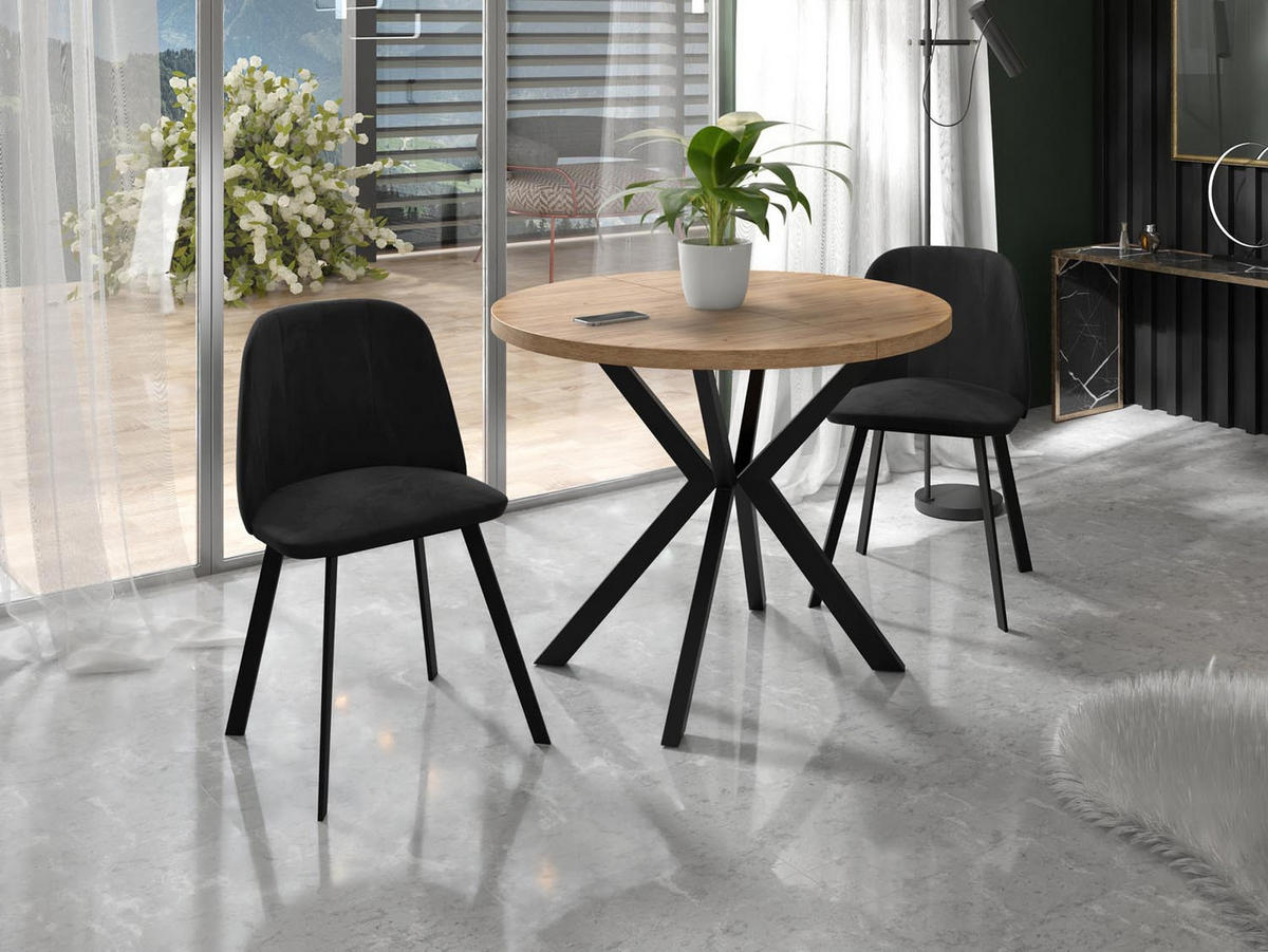 ESSTISCH Valeo runder ausziehbarer, Craft Eiche 120-200/120/76 cm - Eiche Wotan/Schwarz, Holzwerkstoff/Metall (120/120/76cm) - WFL GROUP