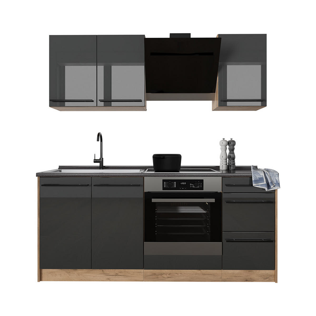 SINGLEKÜCHE R-Line, Anthrazit Hochglanz/Goldkraft Eiche, 180 cm Arbeitsplatte Goldkraft Eiche - Honigeiche/Schwarz Hochglanz, Holzwerkstoff (180/206.8/60cm) - Vicco