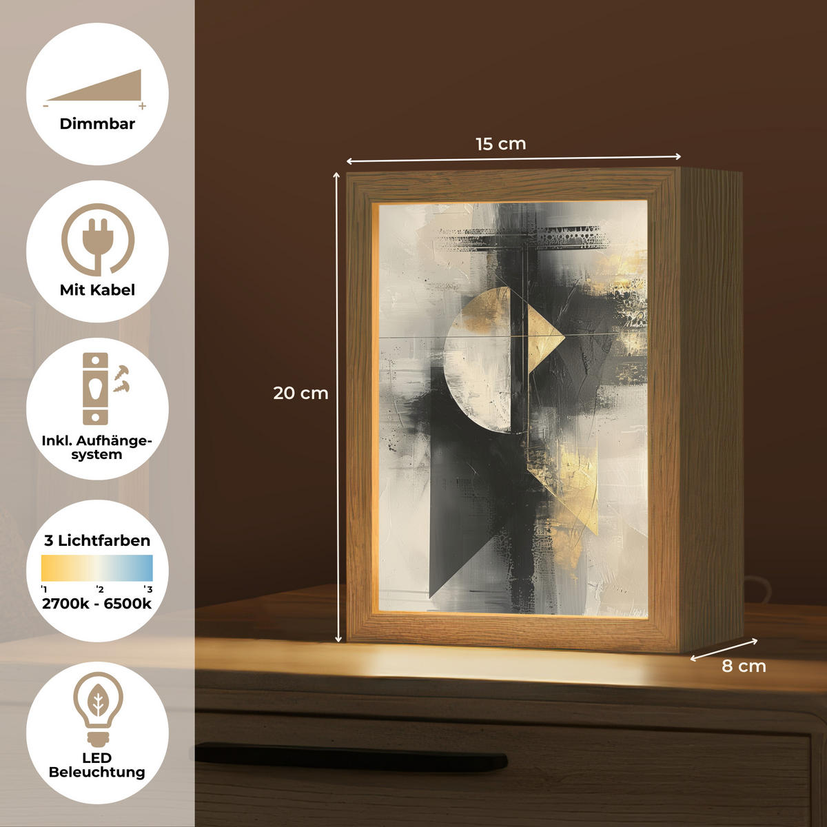 TISCHLEUCHTE Abstrakt - Schwarz - Farbe - Modern 15x20 cm - Birkefarben, Holzwerkstoff (8/15/20cm) - OnlyWow