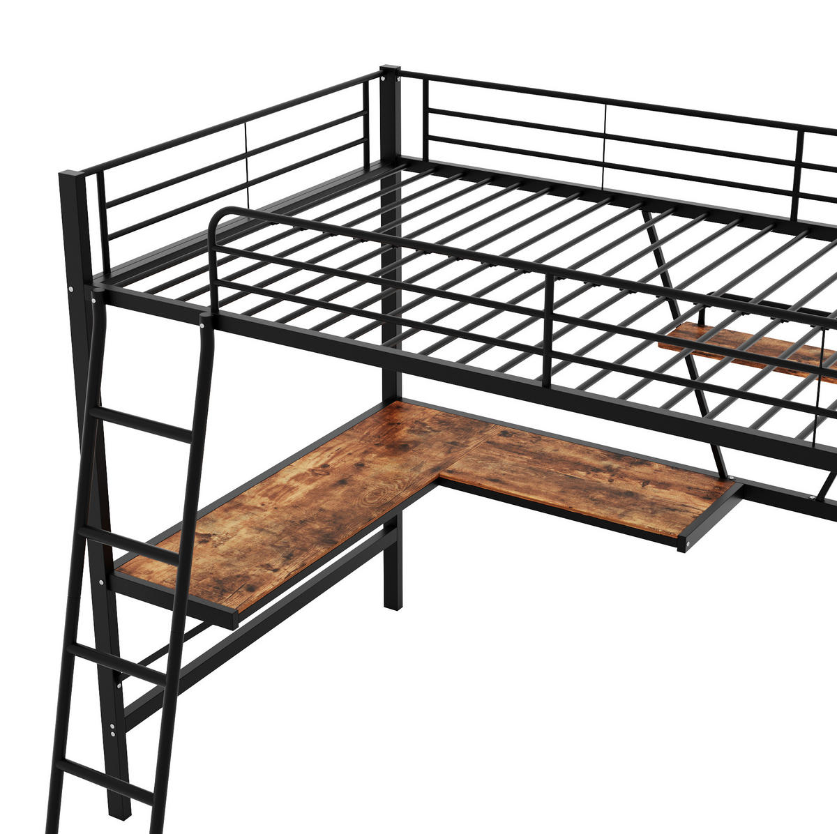 HOCHBETT aus Metall 90x200 cm Schwarz mit L-förmigem Schreibtisch und Regal, platzsparend - Schwarz, Metall (135/190cm) - Modfu