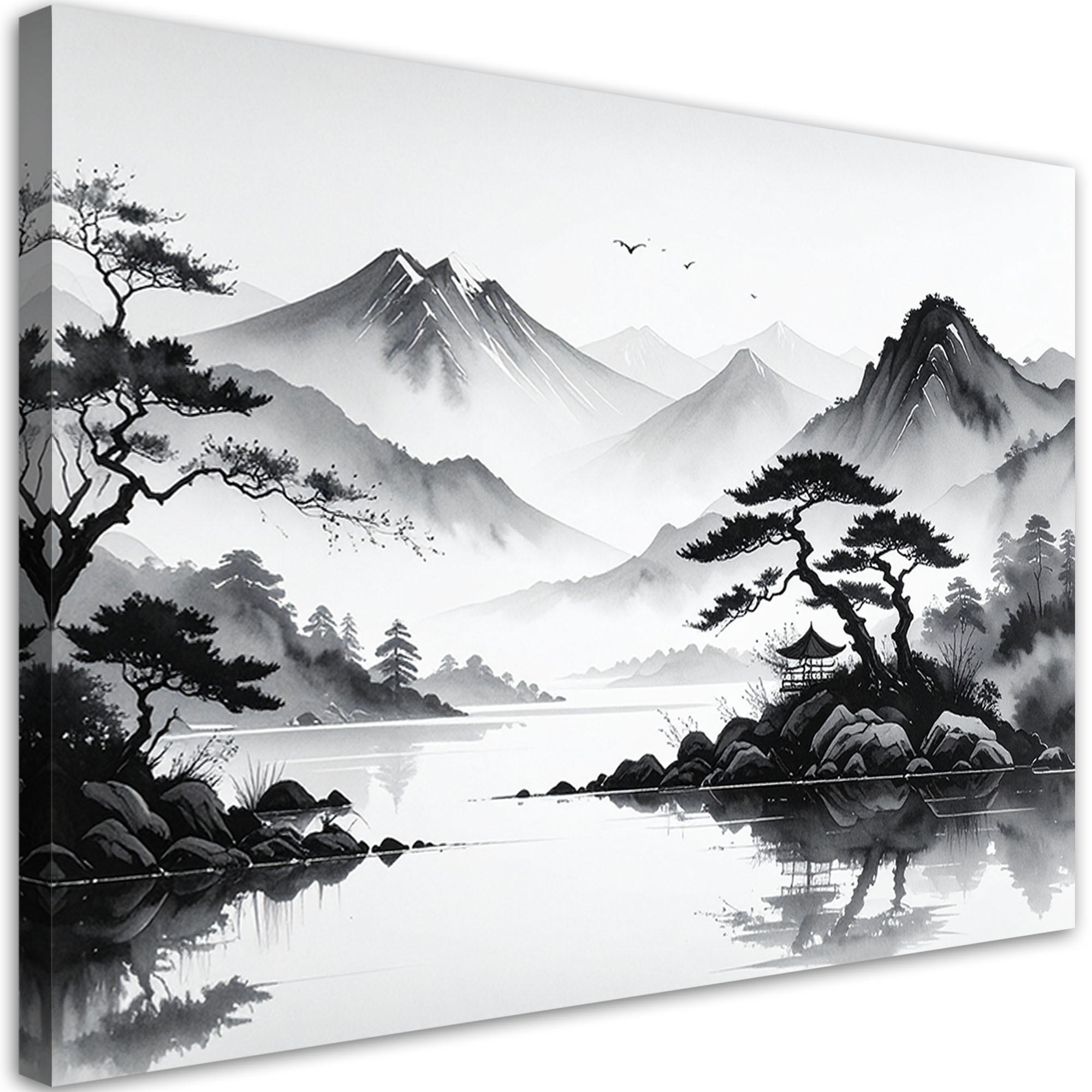 LEINWANDBILD Japanische Landschaft gemalt mit Tinte 90x60cm - Schwarz, Textil (90/60cm) - Feeby