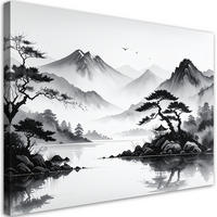 LEINWANDBILD Japanische Landschaft gemalt mit Tinte 90x60cm - Schwarz, Textil (90/60cm) - Feeby