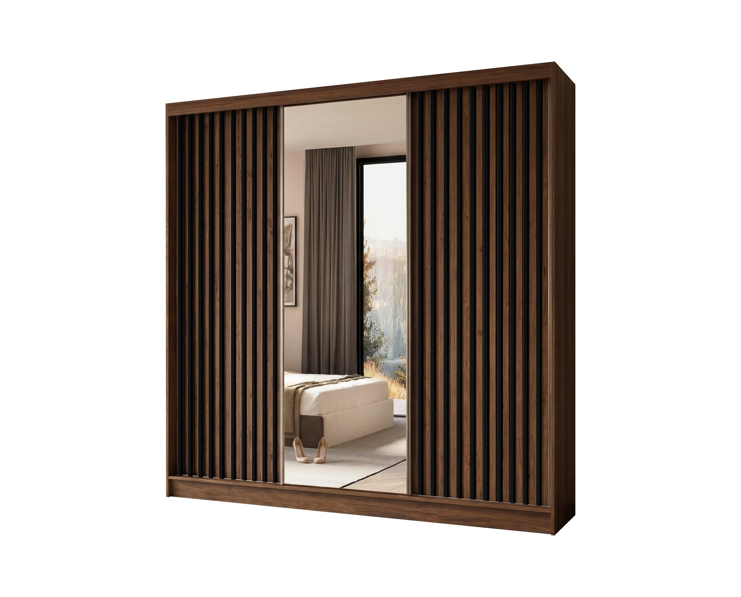 SCHWEBETÜRENSCHRANK LAMELLO 240/216/61 cm Modern Kleiderschrank 3-türig mit Spiegel Nussbaumfarben - Nussbaumfarben, Holzwerkstoff (240/216/61cm) - MASSENO