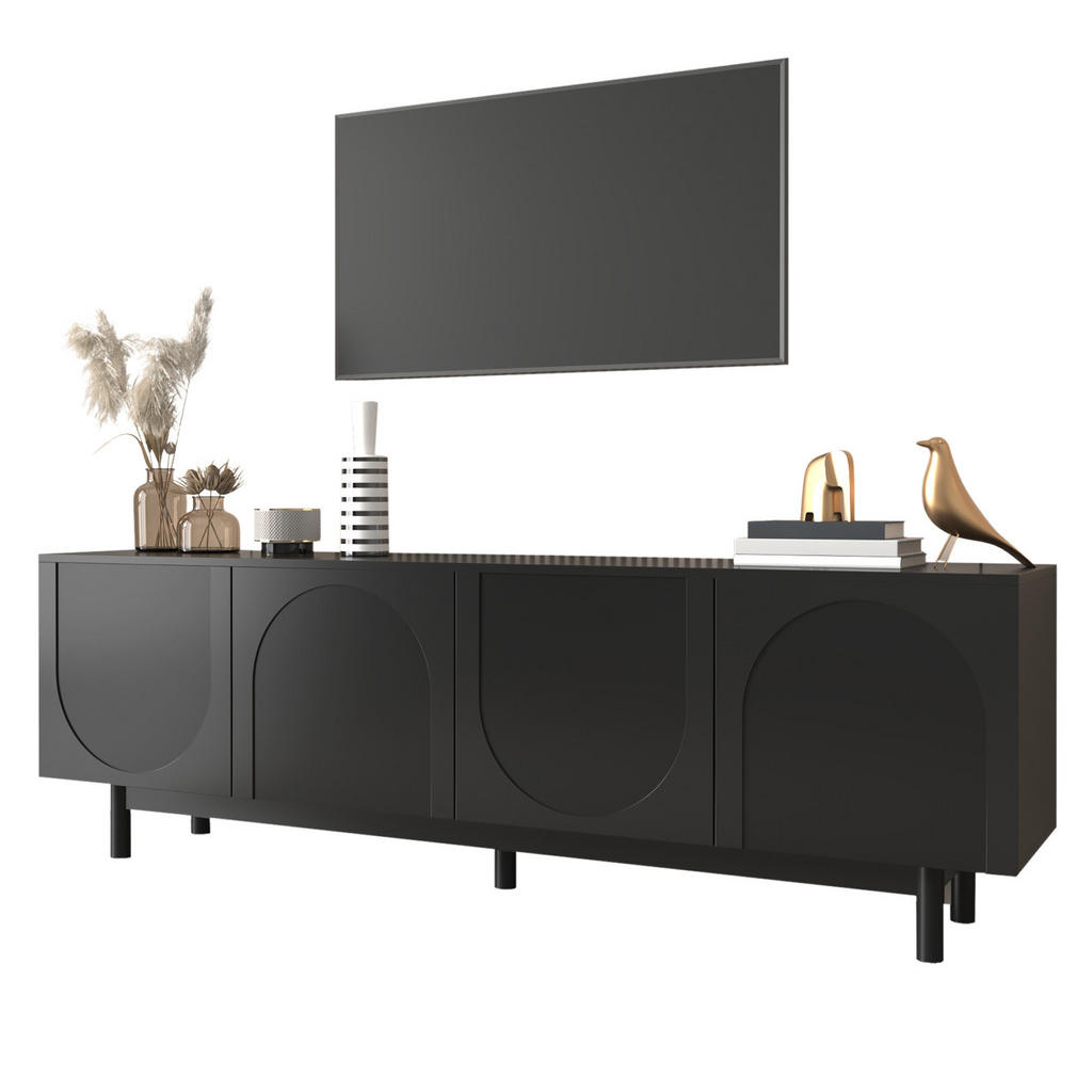 Modfu TV stolek z MDF a dřevotřísky 175x38x56 cm černý se 4 dvířky, Push-to-Open a nastavitelnými policemi