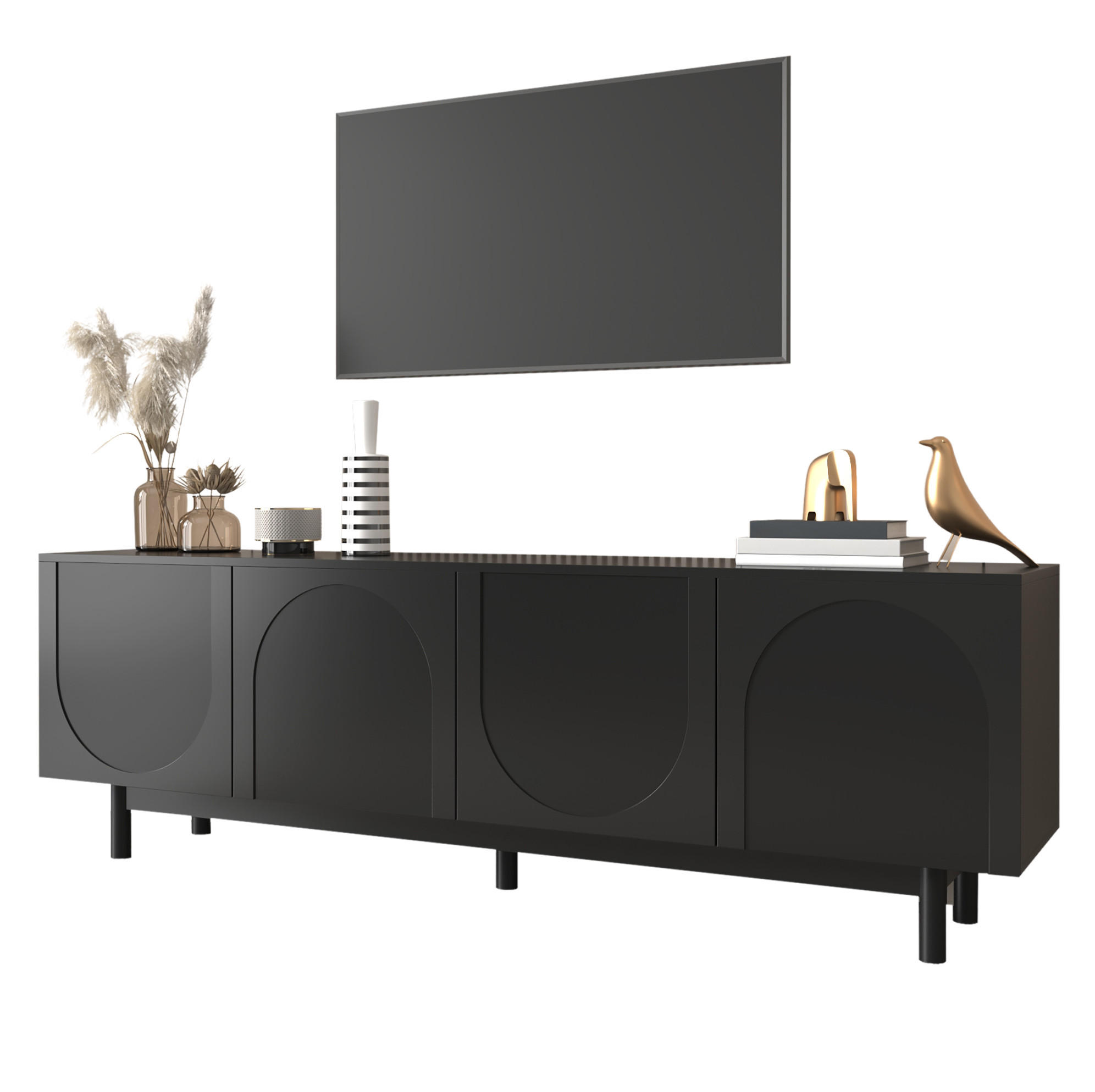 TV-SCHRANK aus MDF und Spanplatte 175x38x56 cm Schwarz mit Push-to-Open und verstellbaren Einlegeböden - Schwarz, Holzwerkstoff (175/56/38cm) - Modfu