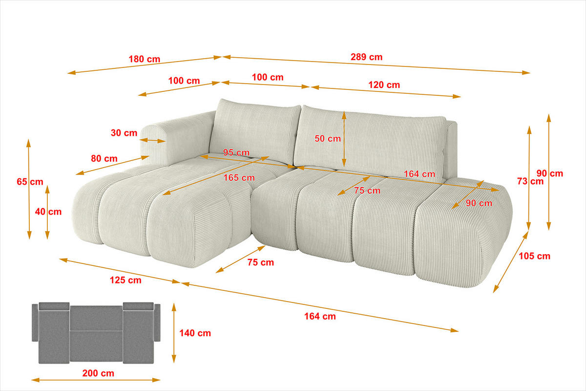 ECKSOFA Ottomane Links CLOUD-L 289x180x40 Hellgrau Cord - Hellgrau, Holzwerkstoff/Kunststoff (180/289cm) - ALTDECOR