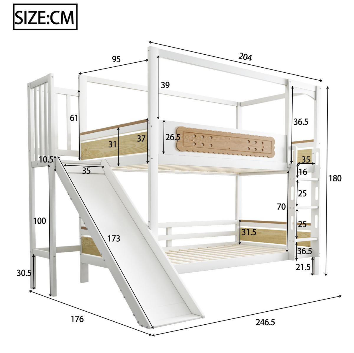 ETAGENBETT 90/200 cm in Weiß/Natur mit Rutsche und breiter Sicherheitsleiter - Weiß, Holz (90/200cm) - OKMYHOME
