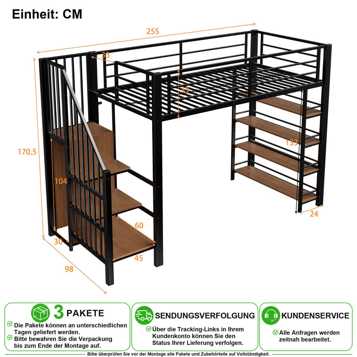 VYSOKÁ POSTEL 90/200 cm v černé barvě se schody, policí a skříní - černá, kov/kompozitní dřevo (90/200cm) - CHICFURN