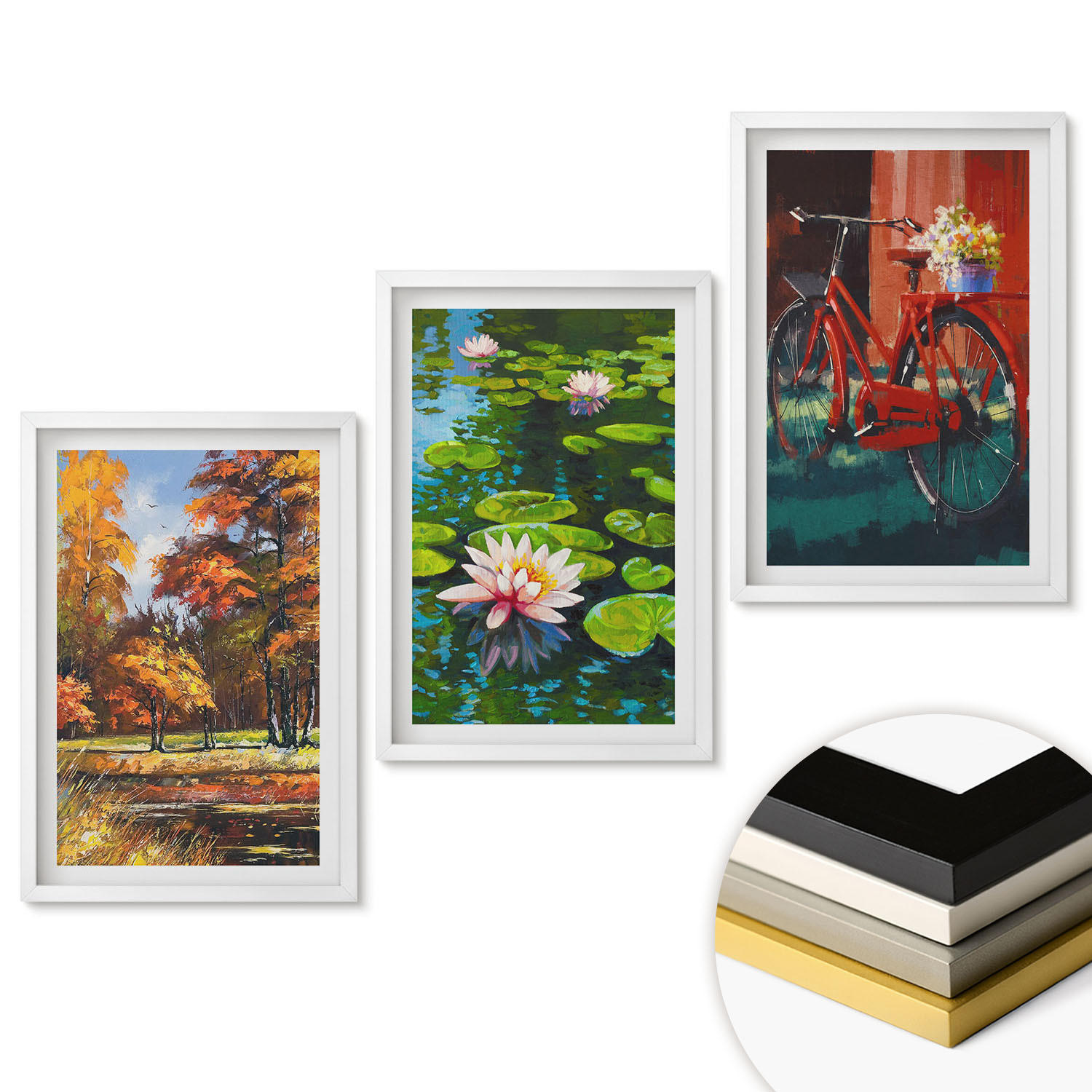 WANDBILDER 3er-Set - 40x60 cm Weißer Rahmen - Herbstfarbene Lilienterrasse - Weiß, Kunststoff (40/60cm) - ArtPrintCave