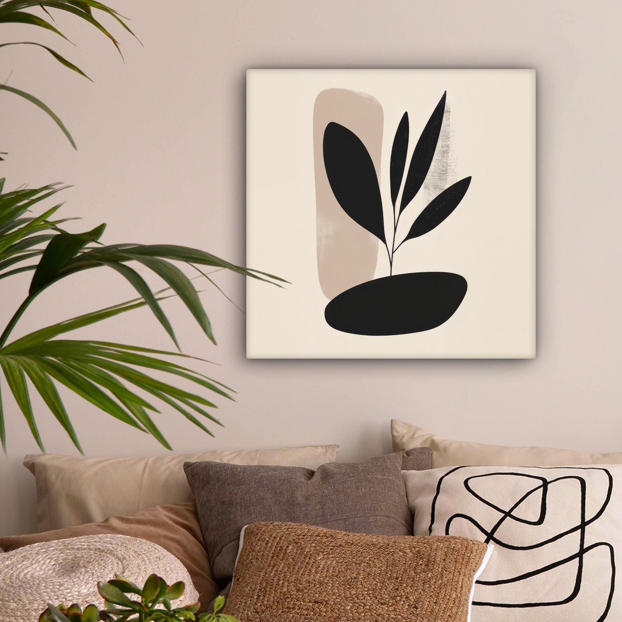 LEINWANDBILD Pflanze - Beige - Japanisch 50x50 cm - Schwarz, Textil (50/50cm) - MuchoWow