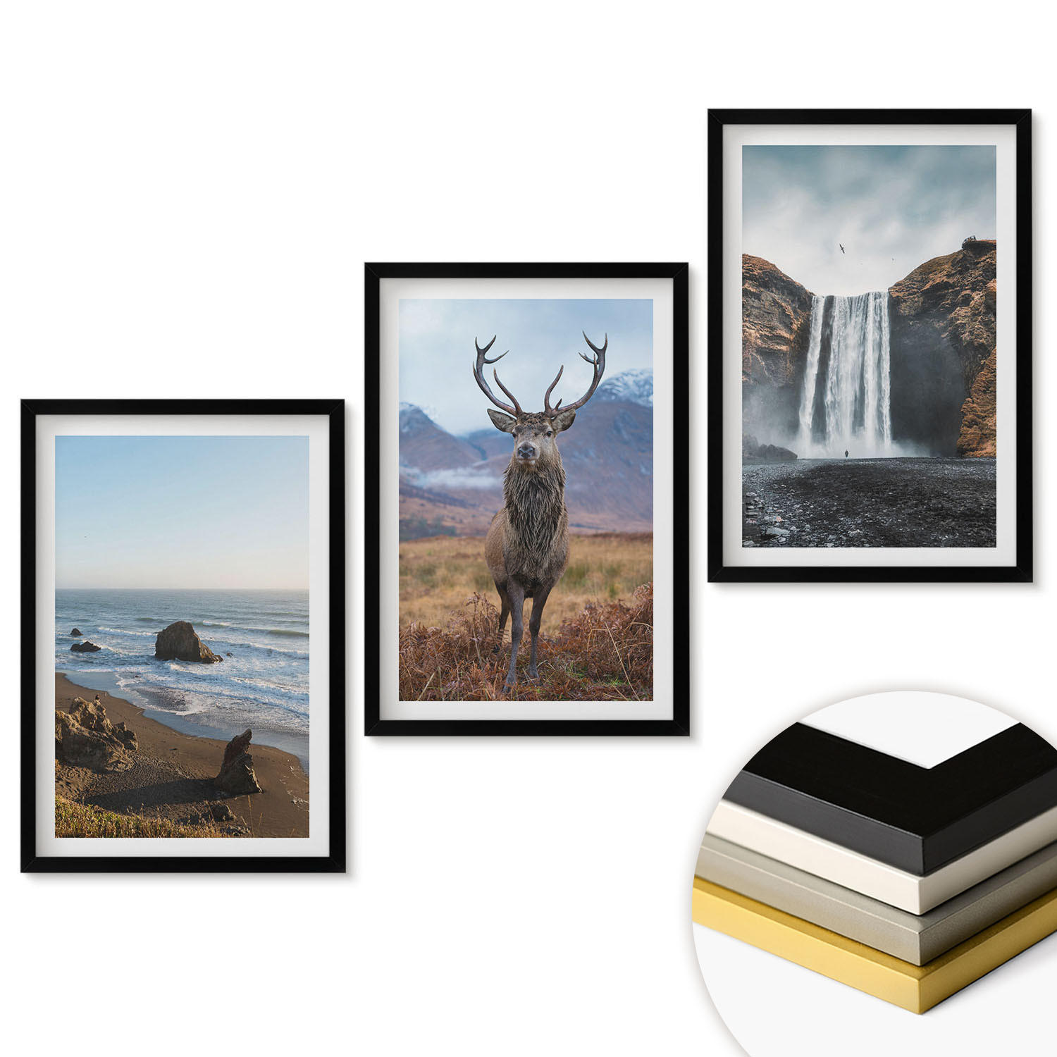 WANDBILDER 3er-Set - 40x60 cm Schwarzer Rahmen - Berglandschaften mit einem Wasserfall - Schwarz, Kunststoff (40/60cm) - ArtPrintCave