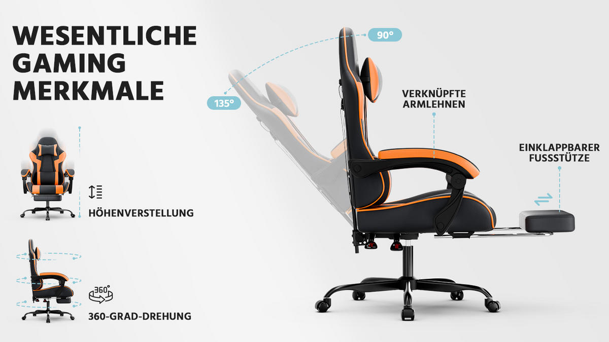 GAMINGSTUHL Schwarz-Orange 58,5/63/120,5 cm - Orange, Metall (58.5/120.5/63cm) - PANGIVO