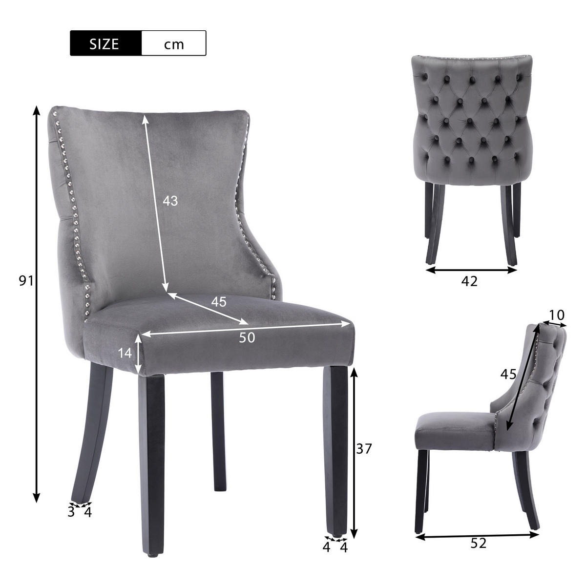 STUHL mit Knopfsteppung Sitzbreite ca. 50 cm Samt Grey - Grau, Metall (50/91/52cm) - Meubliv