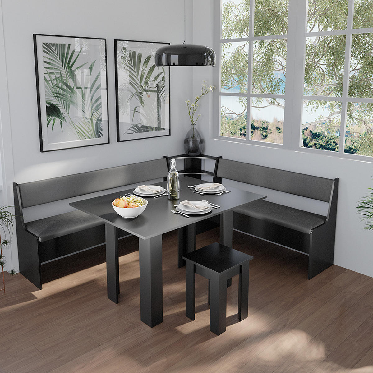 ECKBANKGRUPPE Roman Schwarz 180 x 41.5 cm mit Tisch - Taupe/Schwarz, Holzwerkstoff (210/80/180cm) - Vicco