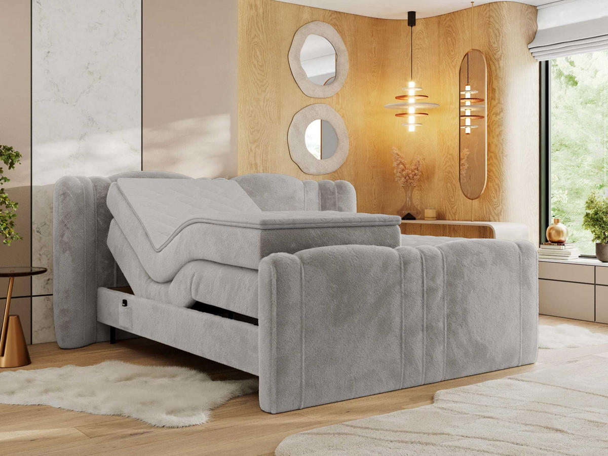 BOXBETT FORTINA 140/200 - Hellgrau Plüsch - H3 - Hellgrau, Holz/Textil (140/200cm) - MKS