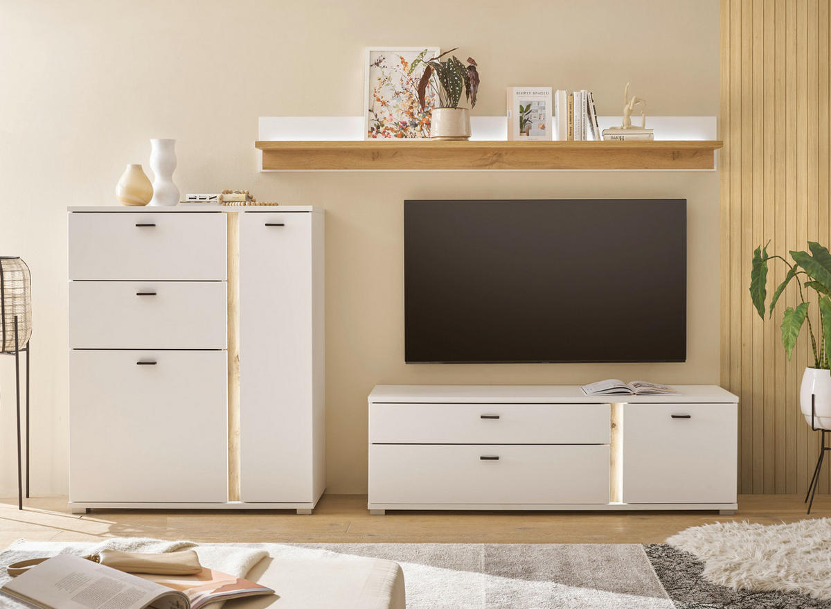 HIGHBOARD weiß matt, Eiche Wotan 100 x 125 cm, Kommode inklusive Frontbeleuchtung - Silberfarben/Eiche Wotan, Holzwerkstoff/Kunststoff (100/125/42cm) - Furn.Design