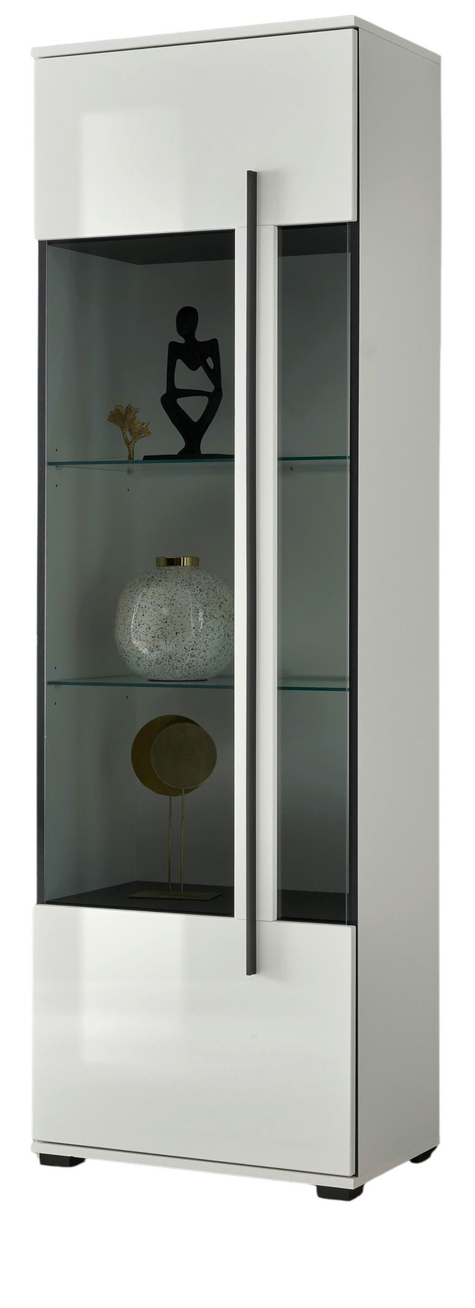 VITRINE weiß Hochglanz 60 x 200 cm, Vitrinenschrank mit 5 Fächern - Weiß Hochglanz/Schwarz, Glas/Holzwerkstoff (60/200/37cm) - Furn.Design