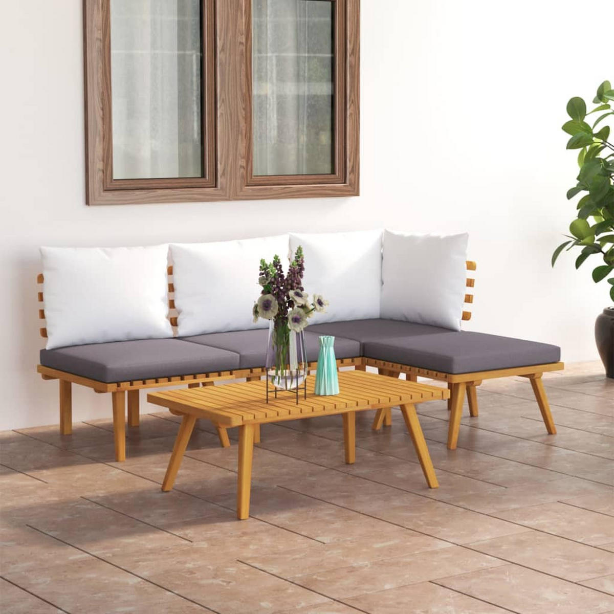 GARTEN-LOUNGE-SET 5-teilig Mit Kissen Massivholz Akazie - Dunkelgrau/Braun, Holz/Textil - vidaXL
