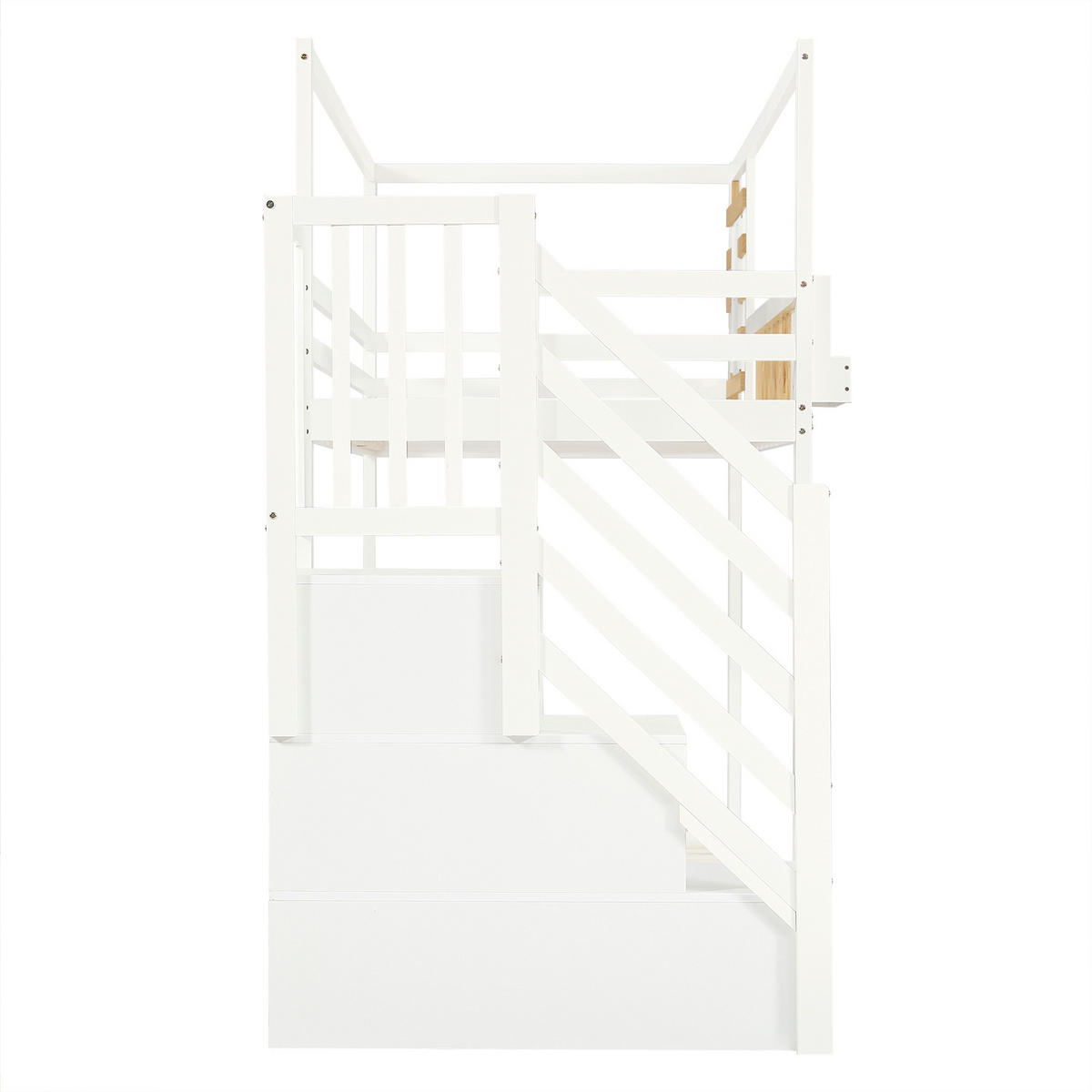 KINDER Etagenbett 90x200 mit Treppen und Schrank, Hochbett mit Fensterdesign, Sicherheitsgitter und Stauraum, weiß - Weiß, Holzwerkstoff (90/200cm) - Luhomfu