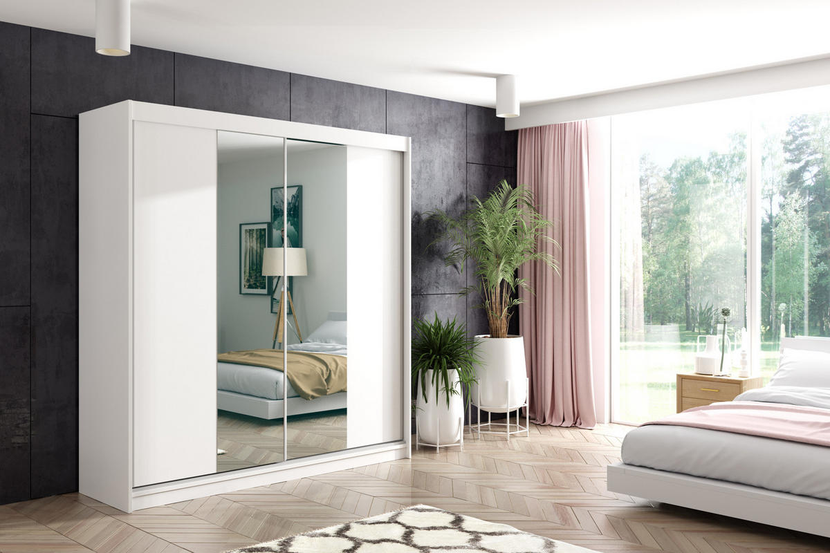 KLEIDERSCHRANK mit Spiegel-Schiebetüren und Aluminium-Leisten - LUZO - 200 cm Weiß - Weiß, Holzwerkstoff (200/216/61cm) - ALTDECOR